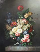 T Fairfax (Contemporary) Still life of flowers on a ledge Signed, oil on board, 90cm by 69cm