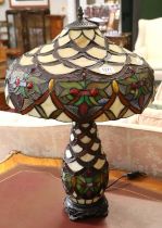 A Tiffany Style Leaded and Coloured Glass Lamp and Shade, 60cm overall