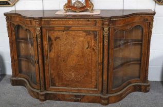 A Victorian Inlaid Walnut Brass Mounted Credenza, with serpentine glazed sides, 170cm by 45cm by