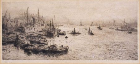 William Lionel Wyllie RA (1851-1931) "Thames Scene" Signed in pencil, etching, 18cm by 39cm