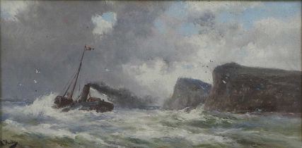 Abraham Hulk Jnr. (1851-1922) A Tug in choppy waters off the coast Signed, oil on canvas, 19.5cm