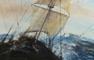 Graham Hedges (b.1952) Tall masted ship in rough seas Signed, oil on canvas, 59.5cm by 91cm