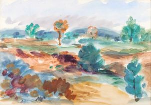 Sir Matthew Smith CBE (1879 –1959) "Hilly Landscape" Initialled, watercolour, 26.5cm by 37.5cm