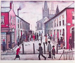 After Laurence Stephen Lowry RBA, RA (1887-1976) "The Fever Van" Signed, a colour reproduction, 45cm