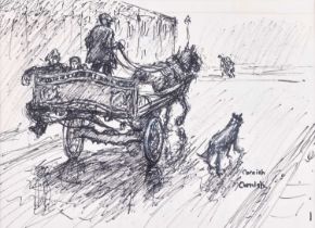 Norman Stansfield Cornish MBE (1919-2014) Street with horse and cart Signed twice, flomaster pen,