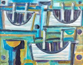 William Black (20th Century) "Harbour Abstract" Signed, inscribed and dated (19)71, mixed media on