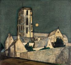 Fred Uhlman (1901-1985) "Church with Moon" Signed, oil on canvas, 55cm by 60cm Provenance: Page Fine