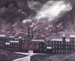 Geoffrey W Birks YWS (1929-1993) Figures before a mill town Oil on board, 48cm by 60cm Provenance: