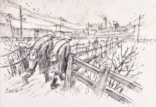 Norman Stansfield Cornish MBE (1919-2014) Miners trudging to work on the pit road Signed,