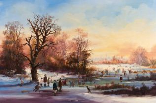 Brian Shields 'Braaq' FBA (1951-1997) Figures and dogs in a Winter landscape Signed and inscribed "