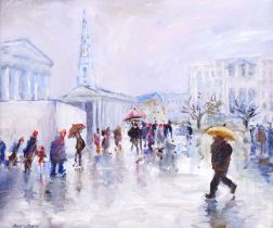 Sue Atkinson (1949-2021) "Day Out Trafalgar Square" Signed, oil on canvas board, 24cm by 29.5cm