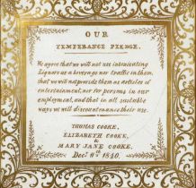 A Middlesbrough Pottery Temperance Pledge Plaque, with gilt and puce frame border, inscribed OUR