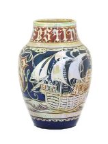 A Pilkington's Royal Lancastrian Vase, by Gordon M Forsyth, dated 1915, painted with two galleon
