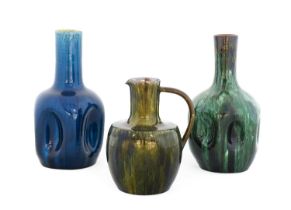 Two Linthorpe Pottery Vases, shape 24, blue glaze and green/white glaze, impressed LINTHORPE 24,