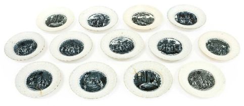 Eleven Middlesbrough Pottery Nursery Child's Plates, moulded floral borders, black printed with