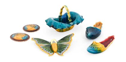 A Linthorpe Pottery Butterfly Wall Pocket, green, blue and mustard glaze, impressed LINTHORPE