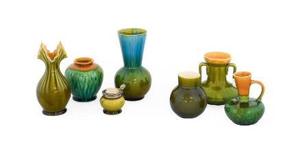 A Linthorpe Pottery Twin-Handled Vase, shape 958, green and mustard glaze, impressed HT (Henry