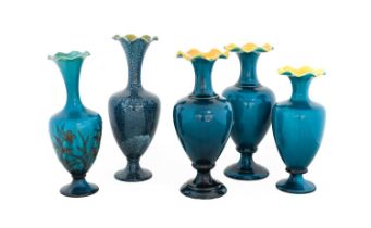 A Pair of Linthorpe Pottery Vases, shape 2127, turquoise glaze with yellow rims, impressed LINTHORPE