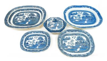 A Middlesbrough Pottery Meat Platter, in the Willow pattern, impressed factory marks, 50cm wide A