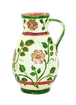 A Della Robbia Pottery Earthenware Jug, by Hannah Jones, painted with roses, in yellow, dark pink