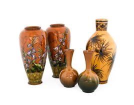 A Pair of Linthorpe Pottery Vases, painted by Fred Brown with fox gloves, impressed LINTHORPE 69,