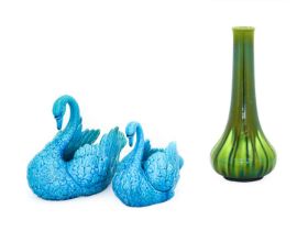 Two Burmantofts Faience Pottery Swan Planters, turquoise/blue glaze, impressed BURMANTOFTS FAIENCE