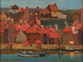 Stanley Royle ARA, ARWA (1888-1961) Harbour with fishing village beyond at dusk, probably Mevagissey