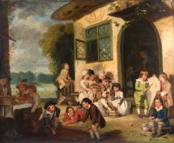 Attributed to George Carter (1737-1794) Various children outside a thatched building, possibly an