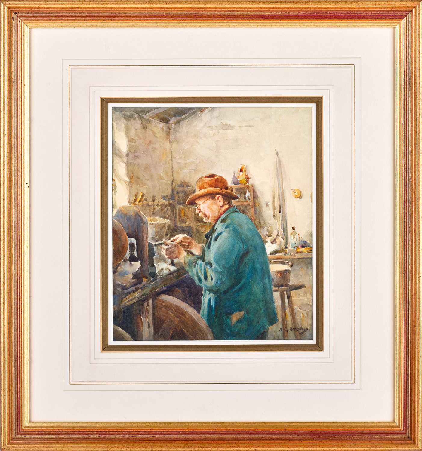 Albert George Stevens (1863-1925) A Whitby Jet worker Signed, watercolour, 21.5cm by 18.5cm A good - Image 2 of 7