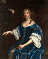 Circle of Sir Peter Lely (1618-1680) Portrait of a lady, three-quarter length seated, before a