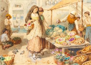 Myles Birket Foster RWS (1825-1899) Fruit Market, Venice (1879) Monogrammed, various inscribed