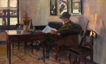 August von Brandis (1859-1947) "Interieur mit Figurim Jagd-kostüm" Signed, with inscribed label