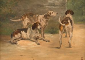 Circle of Charles Jones (1836-1892) Hounds in a yard Monogrammed, oil on board, together with a