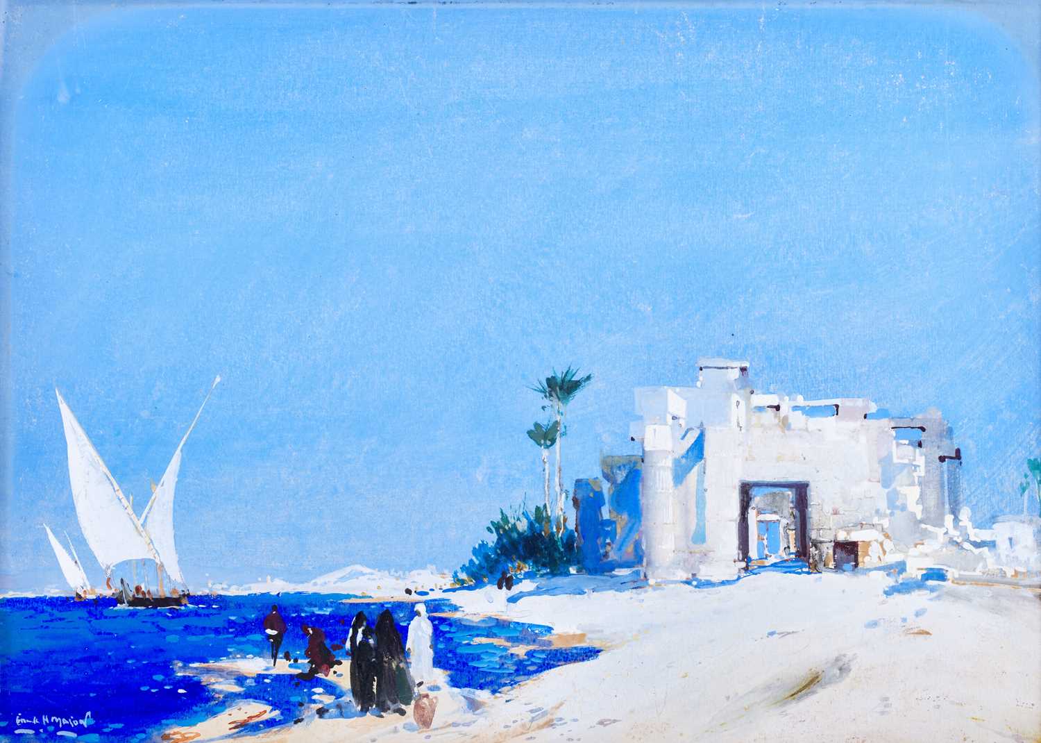Frank Henry Mason RBA (1875-1965) North African coastal scene Watercolour and gouache, 25cm by 35.