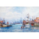 Frederick William Scarborough (1860-1939) Extensive harbour scene, possibly Whitby Signed,
