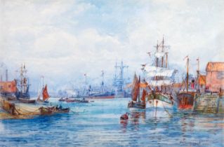 Frederick William Scarborough (1860-1939) Extensive harbour scene, possibly Whitby Signed,