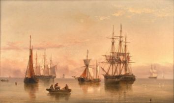 Henry Redmore (1820-1887) Shipping in a calm at sunset Signed and dated 1864?, oil on canvas, 28.5cm