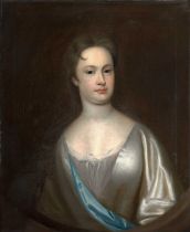 British School (18th century) Portrait of a lady, half length, wearing a white satin dress, in a