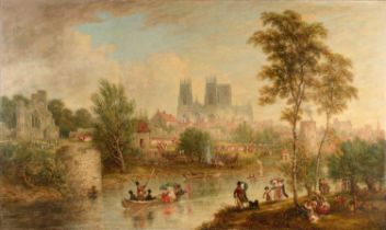 British School (19th Century) Elegant figures punting down the Ouse, and at leisure before York