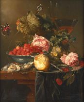 Follower of Jacob van Walscapelle (1644-1727) Dutch An abundant still life with silver plate and