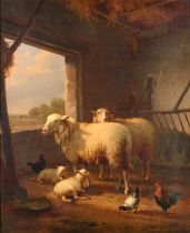 Eugene Joseph Verboeckhoven (1799–1881) Belgian Sheep and lambs in a stable, with a veiw of an