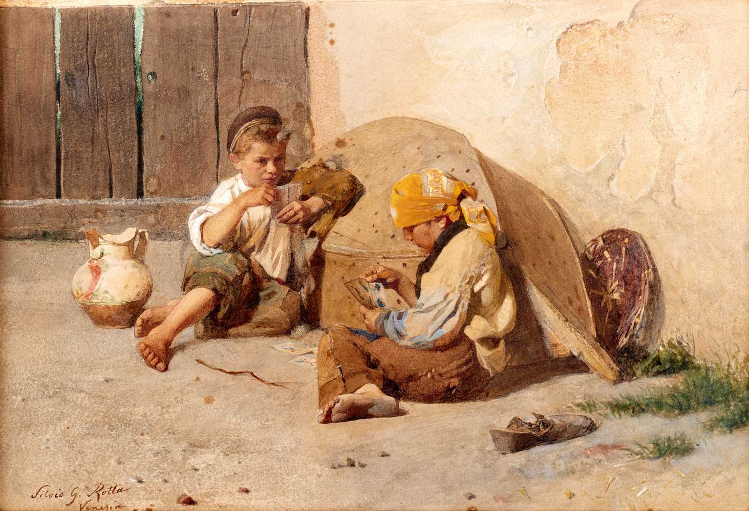 Silvio Giulio Rotta (1853–1913) Italian Street urchins playing cards Signed and inscribed “Venezia”,