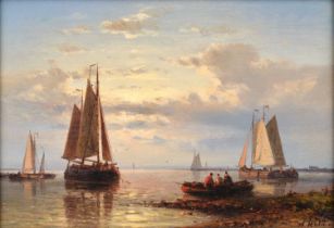 Abraham Hulk Snr. (1813-1897) Moored shipping vessels in a calm at dusk Oil on panel, together