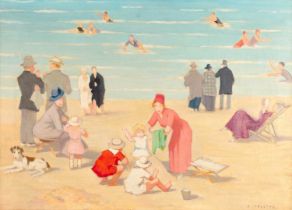 Adolphe Valette (1861-1942) French A lively beach scene, possibly Wales Signed, dated 1916 to