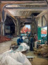 Frank Henry Mason RBA (1875-1965) “The Sail Loft” Signed, inscribed and dated 1940, mixed media,