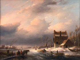 Jan Jacob Spohler (1811-1866) Dutch Figures loading a horse drawn box sleigh on a frozen river