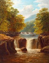 William Mellor (1851-1931) River and waterfall Signed, oil on canvas, 45cm by 35.5cm