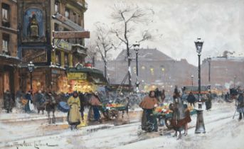 Eugene Galien-Laloue (1854-1941) French Paris, winter fruit stalls (1910) Signed, gouache, 19cm by