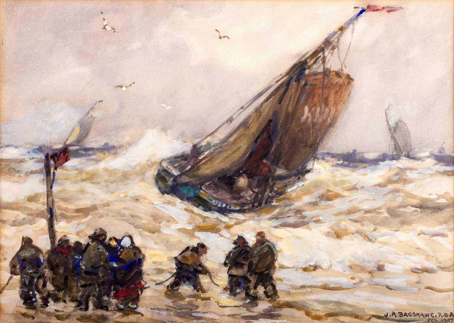 Joseph Richard Bagshawe (1870-1909) Rescuing a ship from a storm Signed and dated 1907,