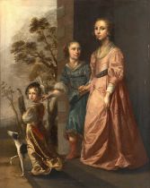 Follower of John Michael Wright (1617-1694) Two young ladies and a young boy holding a bow and